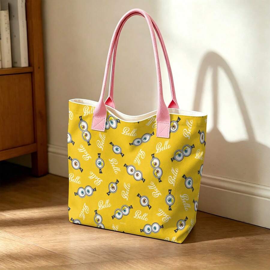 Miniso Minions Bello All-Over Print Canvas Tote Bag, Bright Yellow Shoulder Bag For Daily Use - Pink - View 1