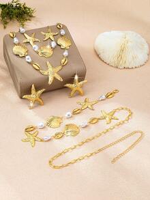 5件套海洋风金属海星、珍珠、贝壳、螃蟹吊坠项链、手链、耳环首饰套装，适合女性日常及节日穿搭 - 金黃色 - 查看 2