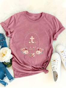 Nueva Camiseta de Moda para Mujer con Cuello Redondo, Camisetaólica de María, Top con Cruz de María, Camisetaólica Floral, Camisa para Mujer Cristiana, Regalo Inspirado en la Fe, Estilo Bási - Negro - Ver 9