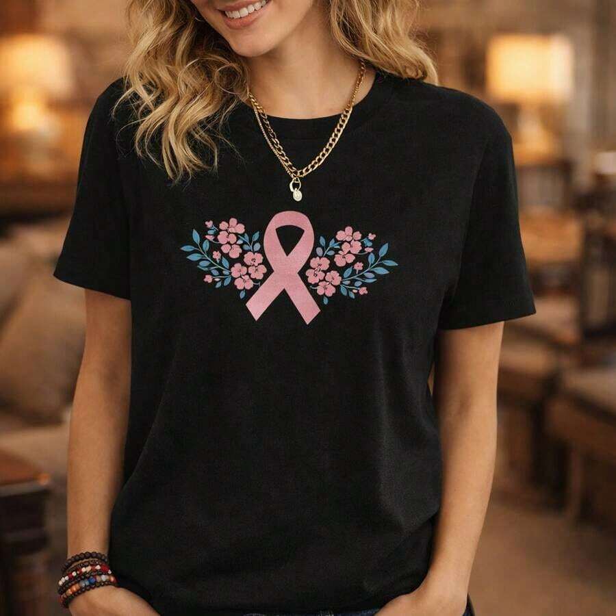 Camiseta de manga corta 1 pieza para mujer, con estampado floral de la cinta rosa para la concientización sobre el cáncer de mama, camiseta de algodón unisex para mujer y hombre, top casual de cuello redondo, color sólido, suave, . Camiseta estampada de manga corta, casual y elegante para mujer. Verano. - Negro - Ver 1