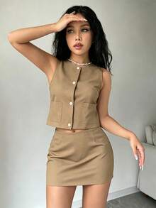 Conjunto de 2 Piezas Chaleco Sin Mangas y Falda Mini, Color Unicolor, Botones Delanteros, Estilo Casual Elegante para Mujer, Primavera/Verano - Caqui - Ver 2
