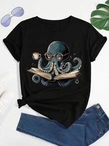 Camiseta con Estampado de Pulpo Leyendo un Libro, Manga Corta, Cuello Redondo, Estilo Casual para Verano y Primavera, Ropa de Mujer - Negro - Ver 6