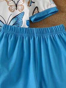 Set de 2 piezas de top de manga corta con cuello redondo y estampado de mariposa + pantalones cortos de unicolor para niñas pequeñas en verano, casual y sencillo, adecuado para el uso diario de niñas - Azul - Ver 7