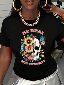 Women's Clothing White Skull Floral Print T-Shirt Graphic T-Shirt With The Phrase "Be Real Not Perfect" For Casual Wear And Everyday Outfits Women's Shirts - 黑色 - 查看 2