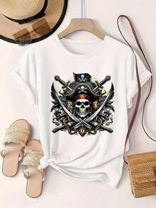ropa de mujer Camiseta Casual con Estampado de Calaveras Piratas, Espadas, Barco y Bandera, Adecuada para Todas las Temporadas  
 -  camisas de mujer - Blanco - Ver 2