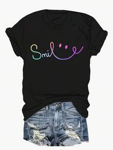 Talla Grande - Talla Grande - Camiseta de Mujer con Estampado de Cara Sonriente y Letras en Degradado de Color, Cuello Redondo, Talla Grande - Negro - Ver 1