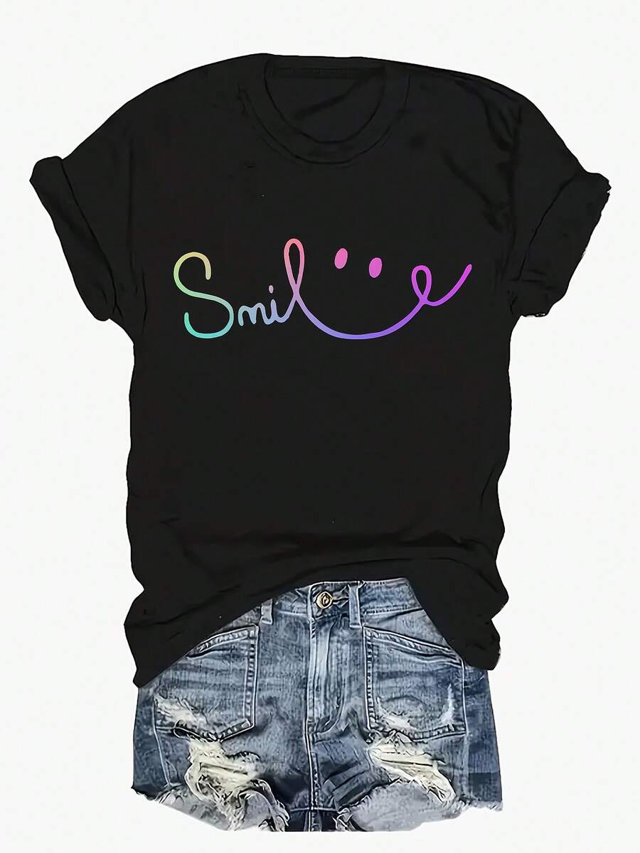 Talla Grande - Talla Grande - Camiseta de Mujer con Estampado de Cara Sonriente y Letras en Degradado de Color, Cuello Redondo, Talla Grande - Negro - Ver 1