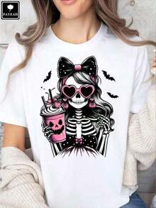 ropa de mujer PAYEAH 1 pieza 100% Algodón Camiseta de Halloween con diseño de esqueleto y calavera, color café, para la temporada de terror, regalo de Acción de Gracias, camiseta de algodón grueso, camisas de mujer - Blanco - Ver 6