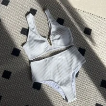 Nuevo traje de baño de dos piezas de cintura alta, de tela especial, sexy y de color sólido. - Verde militar - Ver 3