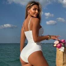 Traje de Baño Sexy de Una Pieza con Estrella y Diseño Cut-Out, Color Sólido para Playa - Blanco - Ver 4