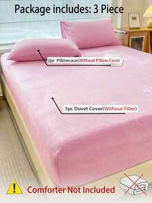 Solid Pink Skin-Friendly Soft Comfortable Warm Crystal Velvet Fitted Sheet 3 Pieces Set (1*Fitted Sheet + 2*Pillowcases), Machine Washable, Suitable For Bedroom & Guest Room, All Seasons - Pink - View 4