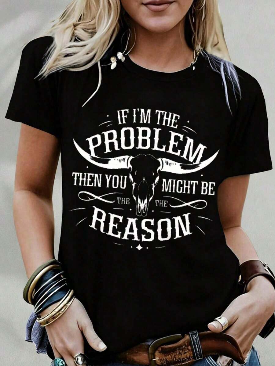 Nuevas llegadas para el verano. Camiseta estampada de color, cuello redondo, manga corta, casual y cómoda, suave y transpirable, diseño clásico, versátil para el día a día, buena elasticidad, adecuada para todas las estaciones. Blusa, camisa > Hermosa. - Negro - Ver 1