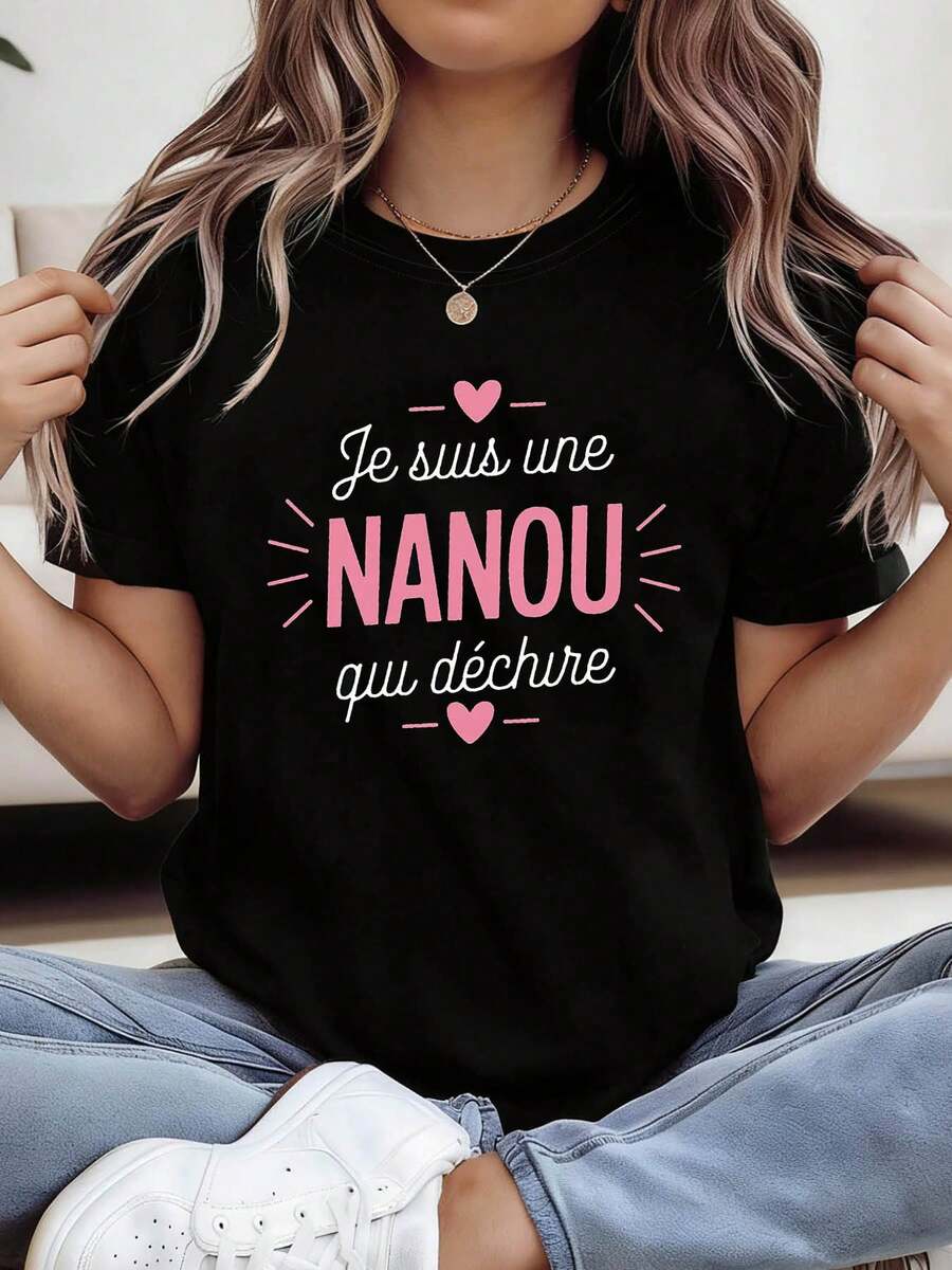 Camiseta con estampado de letras y apodo francés Nanou Super Cool, de manga corta y cuello redondo, top casual para verano y primavera, ropa de mujer - Negro - Ver 1