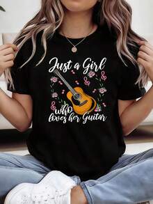 Camiseta de Mujer Talla Grande "Solo una que ama su guitarra" - Manga Corta Cuello Redondo, Estampado Musical, Blusa Casual para Primavera y Verano, Ideal para Conciertos, Ropa casual y Exteriores - Lavable a Máquina, Estilo Elegante - Negro - Ver 6