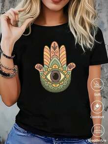 Camiseta de cuello redondo y mangas cortas de ropa fashion, fabricada en México, para la temporada primavera-verano 2025. Con estampado de dibujos animados, es un modelo de pareja, apta para usar tanto por dentro como por fuera, ideal para oficina y estilo casual, diseñada para hombres y mujeres, en unidad individual. - Negro - Ver 2