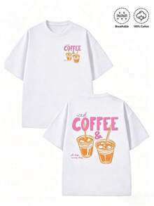 2026 "Café Helado y Sol" Camiseta con Estampado de Taza Naranja |      Ropa de Mujer, Corte Holgado, Tops de Verano, Estilo Primaveral, Camiseta Estética y Cómoda de Algodón, de Alta Calidad para el Verano - Blanco - Ver 1