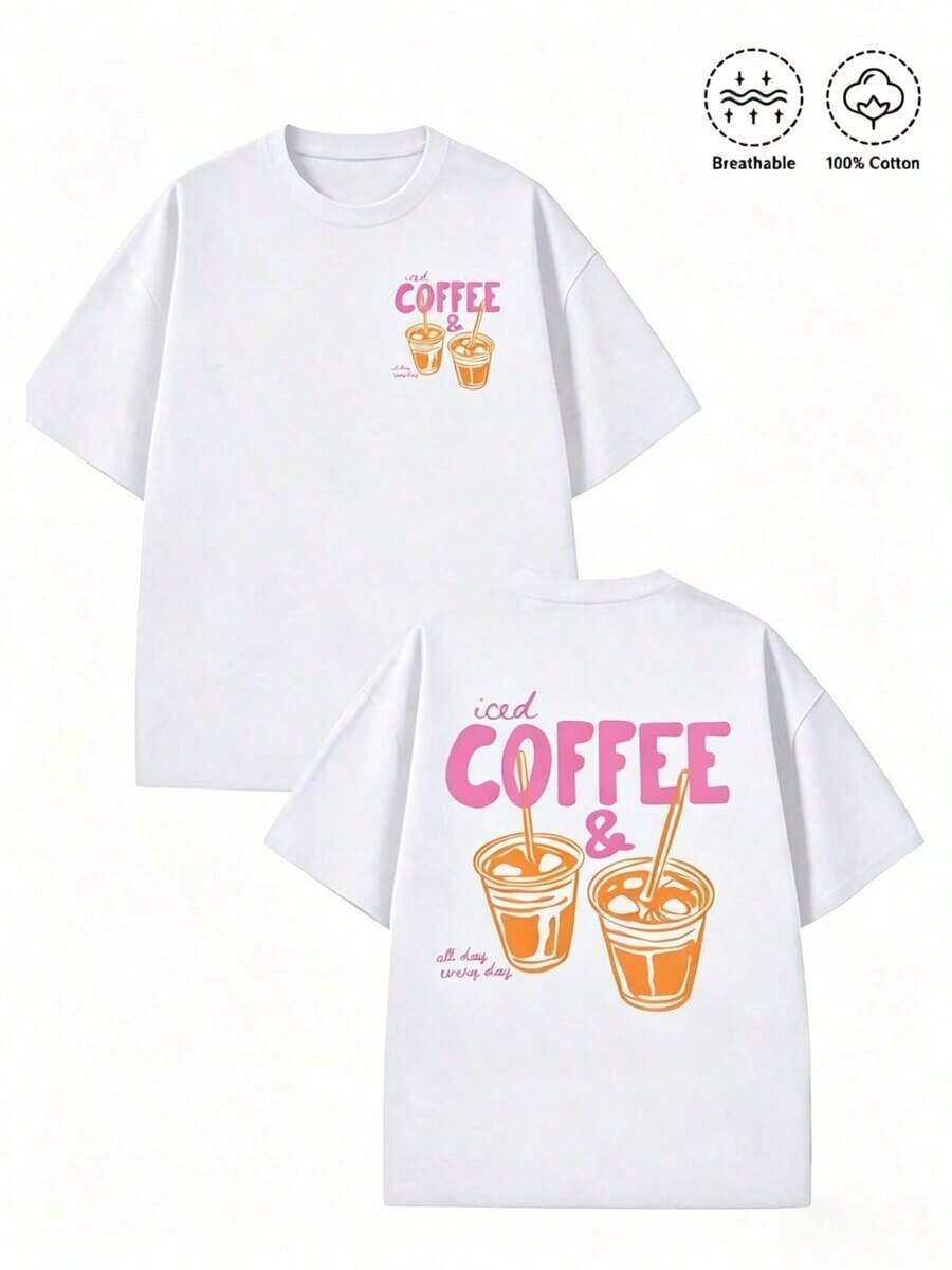 2026 "Café Helado y Sol" Camiseta con Estampado de Taza Naranja | Ropa de Mujer, Corte Holgado, Tops de Verano, Estilo Primaveral, Camiseta Estética y Cómoda de Algodón, de Alta Calidad para el Verano - Blanco - Ver 1