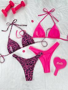 Swim Vcay Nuevo conjunto de bikini con múltiples piezas, de tiras de espagueti, corte alto y estampado de leopardo y unicolor - Multicolor 9 - Ver 2