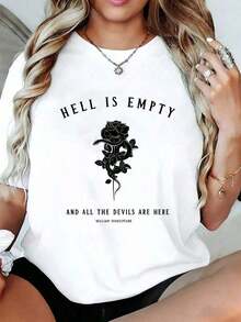 Nuevas llegadas para el verano. CHICLY19 Camiseta con Estampado de Frase Literaria "El Infierno Está Vacío y Todos los Demonios Están Aquí", 100% Algodón, Camiseta Casual de Manga Corta y Cuello Redondo para Mujer, Estampado Gótico de Rosas y Serpientes, Estilo Atrevido y Oscuro, Perfecta para Amantes de los Libros, Atuendos Góticos, Uso Diario y Salidas para tomar un café, Regalo Ideal para Fanáticos de la Literatura y Entusiastas del Estilo Alternativo, Tela Cómoda y Transpirable, Negra, Tallas Grandes Disponibles. - Blanco - Ver 1