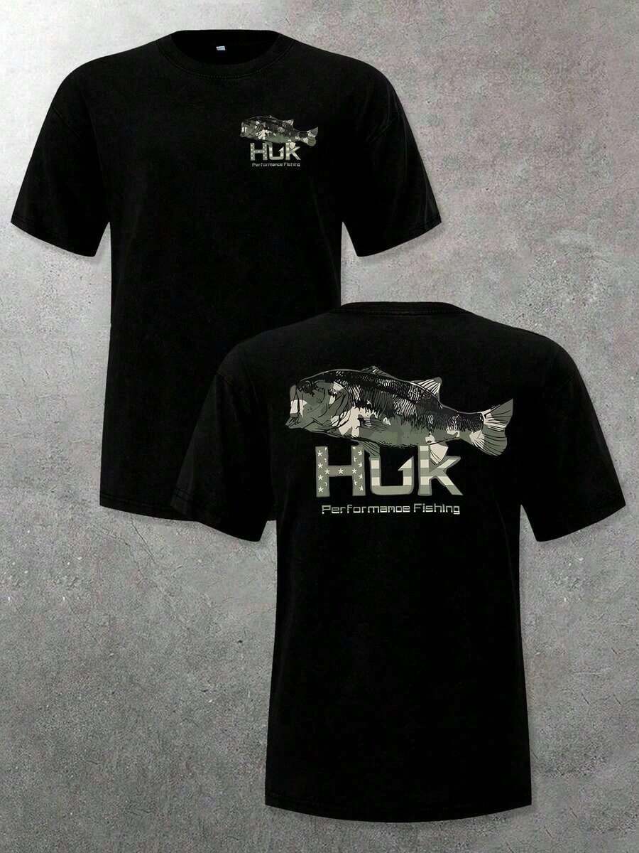Camiseta Casual de Cuello Redondo para Hombre HUK - Diseño Gráfico de Pez Camuflado, 220g de Algodón Suave, Camiseta de Manga Corta para Verano. - Negro - Ver 1