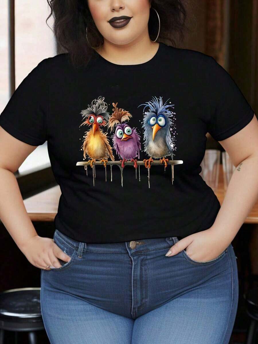 Playera Dama Estampado 3 PáJaros Coloridos, Camiseta DiseñO Cartoon Divertido Con Aves Estilizadas, Top Casual Estilo GráFico - Negro - Ver 1