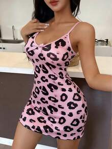Vestido Mini Bodycon con Tirantes Finos y Cuello en V para Mujer, Estampado de Leopardo Rosa, con Lazo, Sexy y Lindo, Ropa de Noche Chic de Verano, Vestido Elástico para Citas Nocturnas - Rosa - Ver 2