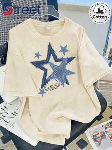 1 Piece Of Vintage Summer Washed Cotton Short Sleeve T-Shirt, American Style With Frayed Edges And Star Print, Plus Size Top For Women, Loose Fit, Dropped Shoulders, Round Neck, Oversized Style, Comfortable And Fashionable, Versatile For Everyday Wear, Y2k Women's Clothing, 100% Cotton 180g. - 黑色 - 查看 10
