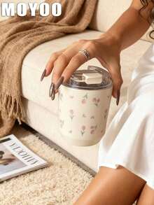 1pc 280ml-380ml Cherry Tulip Themed Double-Wall Stainless Steel Insulated Tumbler, Cup, Water Bottle, Mug, Travel Mug, Coffee Cup, Car Cup, Hot & Cold Use, Suitable For Gym, Office, Kitchen, Home, Outdoor, Restaurant, School, Travel, Holiday Gift, Graduation, Back To School, Valentine's Day, Anniversary, Mother's Day - Multicolor - View 6