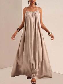 xheZivah Vestido holgado de mujer con textura vertical, corte suelto, de color caqui, de manga corta y ajustable, apropiado para el verano de 2025, festivales de música, Pascua, Día de San Patricio, estilo occidental, estilo nómada, fiestas de cumpleaños, temporada de graduación, uso casual diario, versátil, de ocio, vacaciones, viajes en crucero, playa, tomar el sol, popular en redes sociales. xhe - Albaricoque - Ver 3