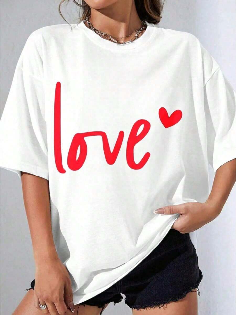 Women's T-Shirts, Casual Short Sleeve Party T-Shirt, OneWhite Oversize T-Shirt With Heart Print For Casual Wear 180g - 白色 - 查看 1