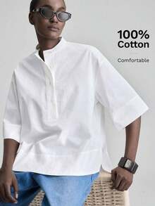 de diseño versátil y casual de serie esencial con sensación de lujo minimalista, con cuello redondo, hombros caídos y diseño suelto, silueta corta por delante y larga por detrás, de estilo urbano moderno y elegante para oficina, ideal para bod - Blanco - Ver 8