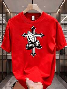 NewSummerCasual Men's Graphic T-Shirts, Casual T-Shirt With Praying Hands And Cross Pattern, Urban Style, Fashionable Men's Casual Clothing, 100% Cotton For Adults - Vintage Street Style Unisex Loose Cotton Short Sleeve Crew Neck T-Shirt - 紅色的 - 查看 6