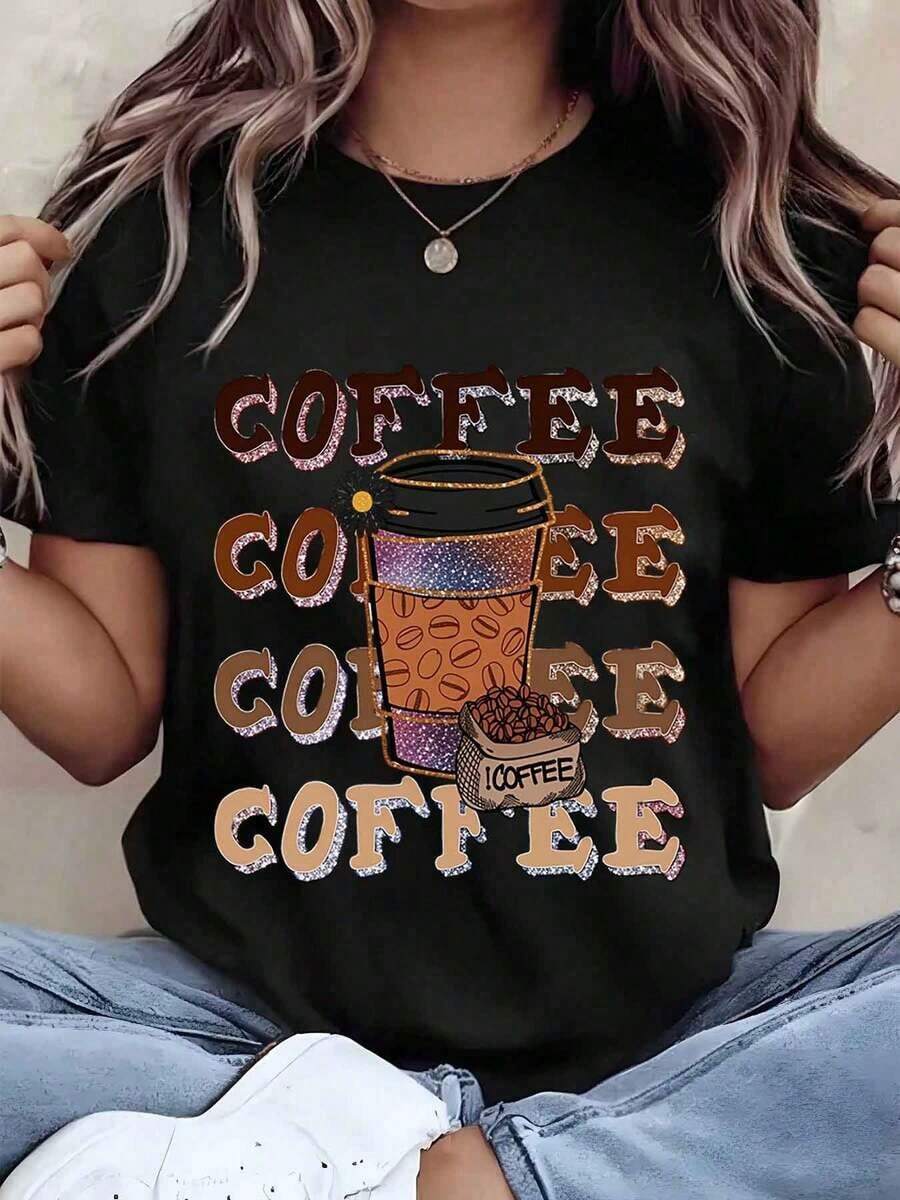Camiseta de Mujer con Estampado de Café, Taza de Café y Granos, Diseño Textual, Cuello Redondo, Corte Regular, Ropa Casual, Idea de Regalo, 220g, Camiseta Fresca de Verano, Estilo Unisex - Negro - Ver 1