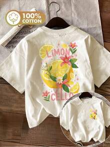 Camiseta de edición limitada con estampado gráfico, manga corta, cuello redondo, top casual para verano y primavera, ropa de mujer, algodón ligero. - Albaricoque - Ver 12