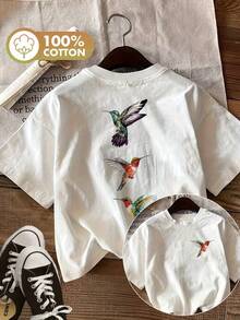 Edición Limitada, Camiseta Casual de Manga Corta y Cuello Redondo con Estampado de Colibrí Pintado a Mano, Algodón Ligero - Albaricoque - Ver 10