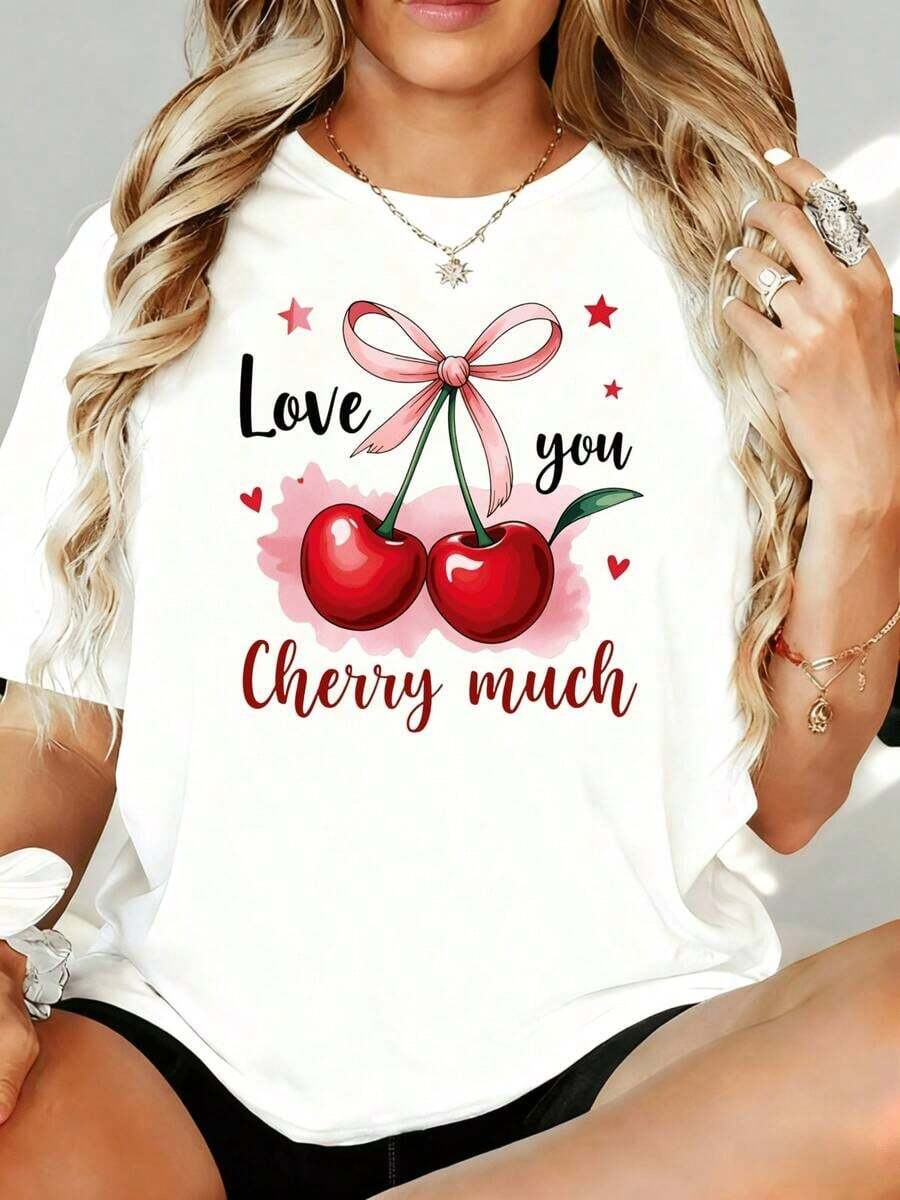 Camiseta de Mujer con Estampado de Cerezas "Love You Cherry Much", Corte Holgado Casual, Camiseta Gráfica de Verano 180g, para Ocio en Casa y al Aire Libre, Regalo para el Día de San Valentín o Fiestas - Blanco - Ver 1