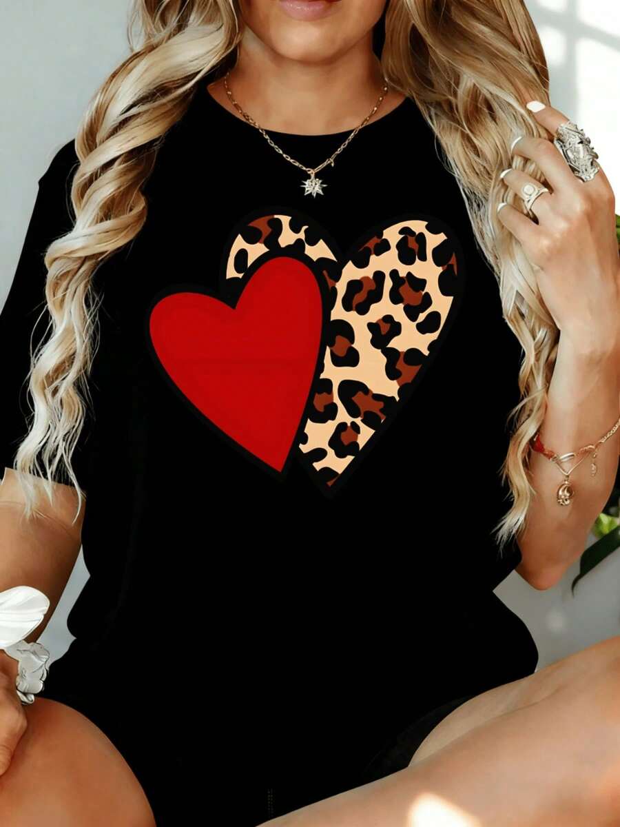 Camiseta Oversize con Estampado de Leopardo Blanco y Diseño de Corazón para Mujer, Corte Holgado Casual, Prenda de Moda, 180g, para Ocio, Hogar, Aire Libre, Regalo para el Día de San Valentín o Fiesta - Negro - Ver 1