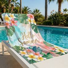 1pc Hello Summer Plumeria Flower Print Beach Towel, Suitable For Travel, Outdoor Camping, Beach, Swimming, Beach Vacation - A - View 3