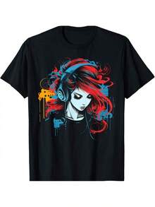 Camiseta negra para mujer con estampado de chica anime con auriculares, cuello redondo, manga corta, estilo vintage urbano, adecuada para conciertos de música DJ, fiestas, uso diario, ropa de verano, regalo de cumpleaños.camisas de mujer sudaderas para mujer sueter blusa casual mujer verano vestidos de graduación - Negro - Ver 6
