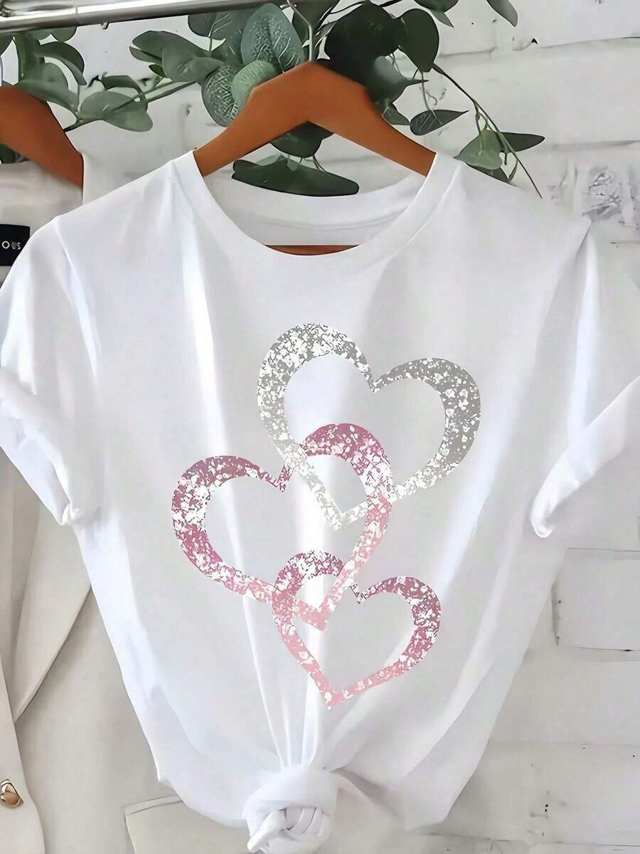 1 Piece Of White Women's T-Shirt With Bright Heart Print, Round Neck, Casual Cotton T-Shirt, Medium Elasticity Knit Fabric, Regular Fit For Ladies, Ideal For Spring/Summer/Autumn. - 白色 - 查看 1