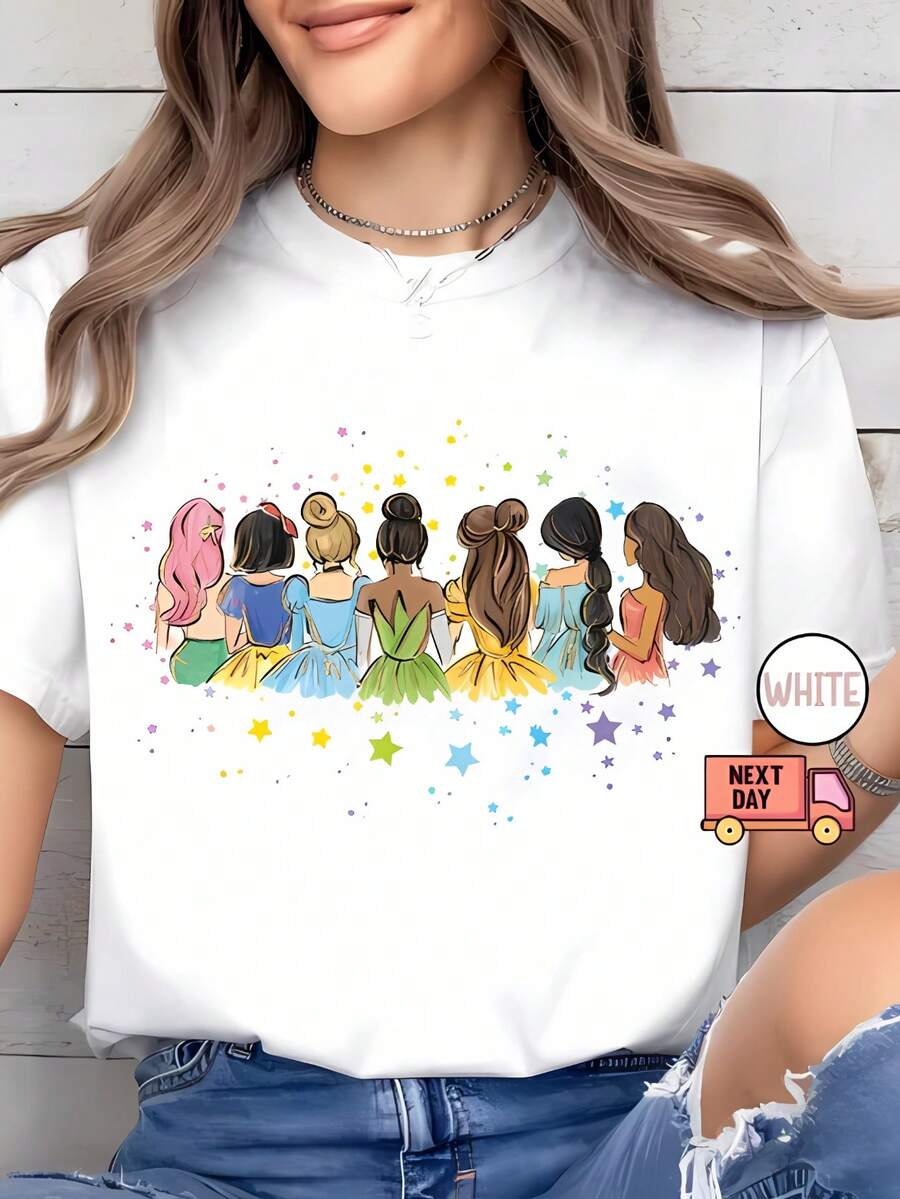 Retro Watercolor Disney Princess Tops De Mujer, Elegant Disney Trip Themed T-Shirt, Exquisite Disneyworld Princess Casual Gift Apparel - White - View 1