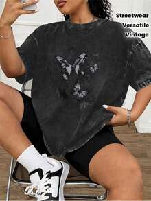 1 pieza de camiseta de mujer de talla grande con diseño vintage de mariposas, estilo callejero oscuro, aspecto desgastado, sencilla y de alta calidad, con diseño estampado, adecuada para uso diario y para ir al trabajo, corte holgado, muy cómoda para uso casual y deportivo, 180g 100% algodón. - Negro - Ver 2