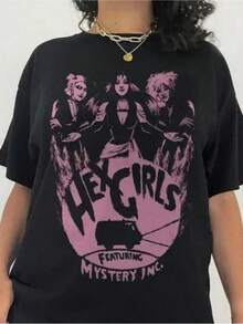 Camiseta duradera con diseño vintage de banda de rock hexagonal|   Diseño holgado en color negro, estampado de llamas rosas y monstruos, lavable a máquina, perfecto para uso casual y conciertos, cuello redondo, adecuado para todas las estaciones, tela ligeramente elástica, tallas L-5XL.camisas de mujer sudaderas para mujer sueter blusa casual mujer verano vestidos de graduación - Negro - Ver 1