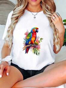 Women's Round Neck T-Shirt With Parrot Print, Casual Summer T-Shirt, Sporty, For Fitness, Daily Wear, Outdoor, At Home, Breathable, Short Sleeve. - 白色 - 查看 2