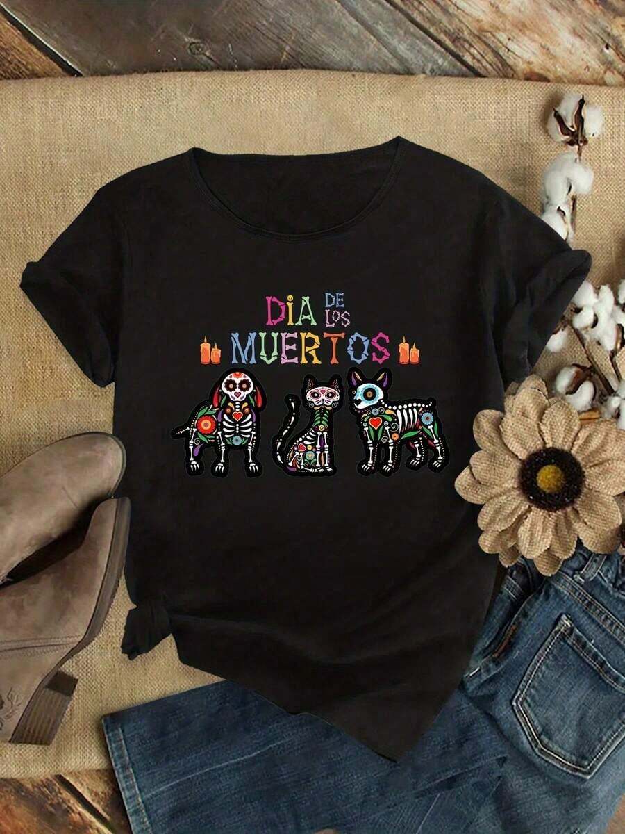Lightweight T-Shirts With Graphic Prints, Mexican Day Of The Dead Skull, Dog, And Cat Design, Loose Fit, For Sports And Parties, Cute, Stylish, Fashionable, Gift, Soft, Machine Washable, Stretchy, For Casual Wear At Home, Crew Neck, Short Sleeve, 100% Cotton, Popular Choice - 黑色 - 查看 1