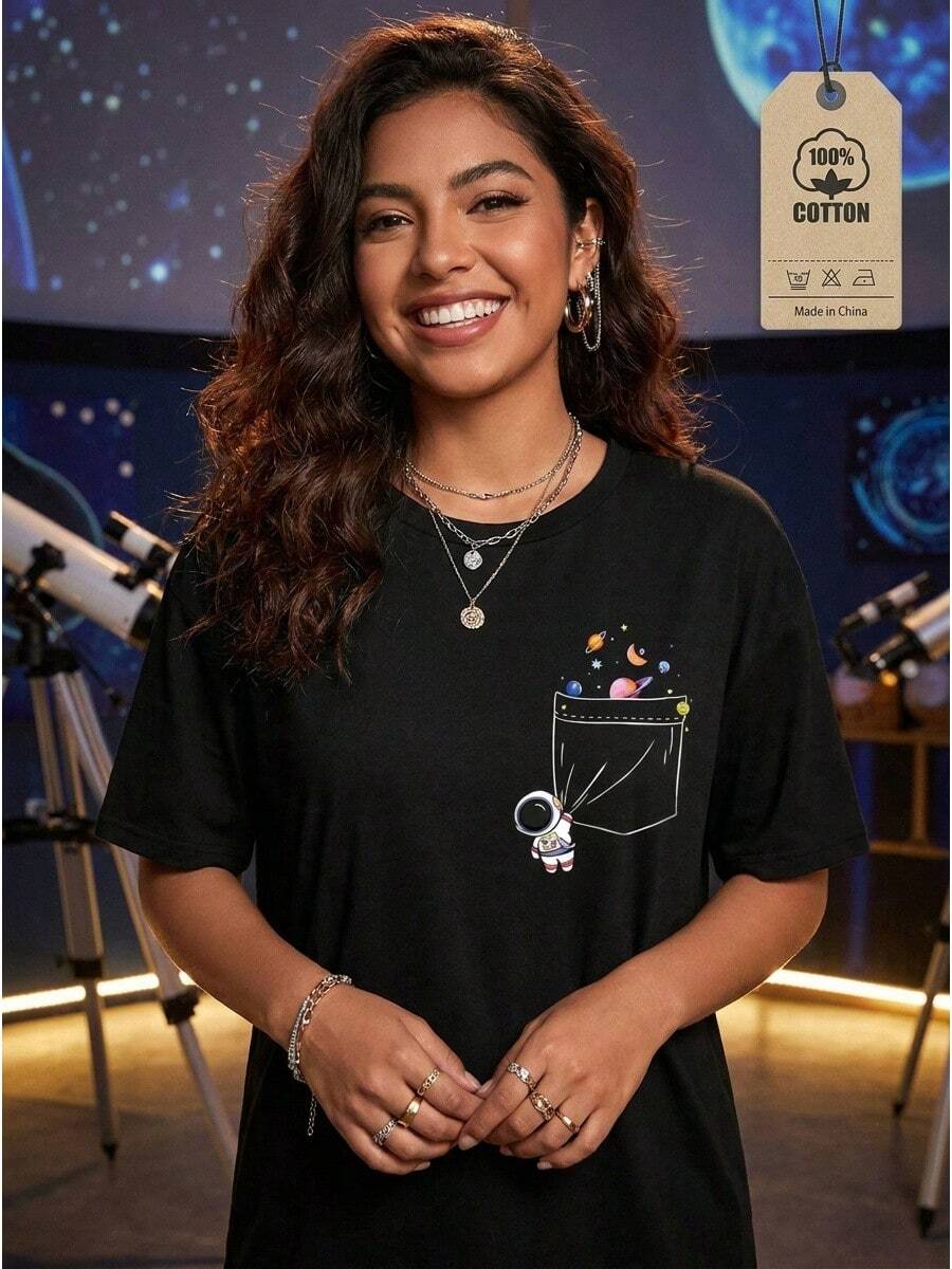 Plus Size Astronauta: Camiseta Casual de Astronauta para Mujer Talla Grande, Playera Curvy de Manga Corta, Top de Verano Cómodo y Moderno - Negro - Ver 1