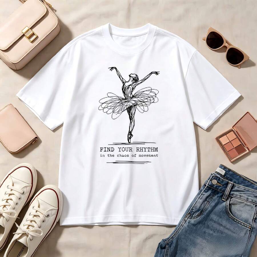 Casual Crewneck, Ballet Dancer Art, 100% Cotton, Oversized, Soft Breathable, Short Sleeve Top, Retro Aesthetic, Summer Vibes, Dance Lovers, Romantic Streetwear - Blanco - Ver 1