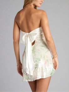 Prom Dresses,Women's Floral Sequin Mini Dress - Sexy Backless Strapless Party Dress, High Waisted Slim Fit Holiday & Club Dress - 白色 - 查看 2
