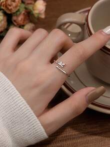 1pc S925 Sterling Silver Bamboo Leaf Ring, Inlaid With Shiny Cubic Zirconia, Fresh Nature-Inspired Design, Adjustable Open Ring, Unique Gift For Girls, Suitable For Daily Wear - Bamboo Joint - View 7