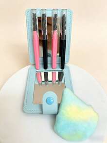 6-In-1 Makeup Tool Set, 4pcs Disposable Eyelash Brushes + Double-Sided Mirror + Makeup Sponge, Portable Cosmetic Kit For Travel And Daily Makeup - Multicolor - View 2